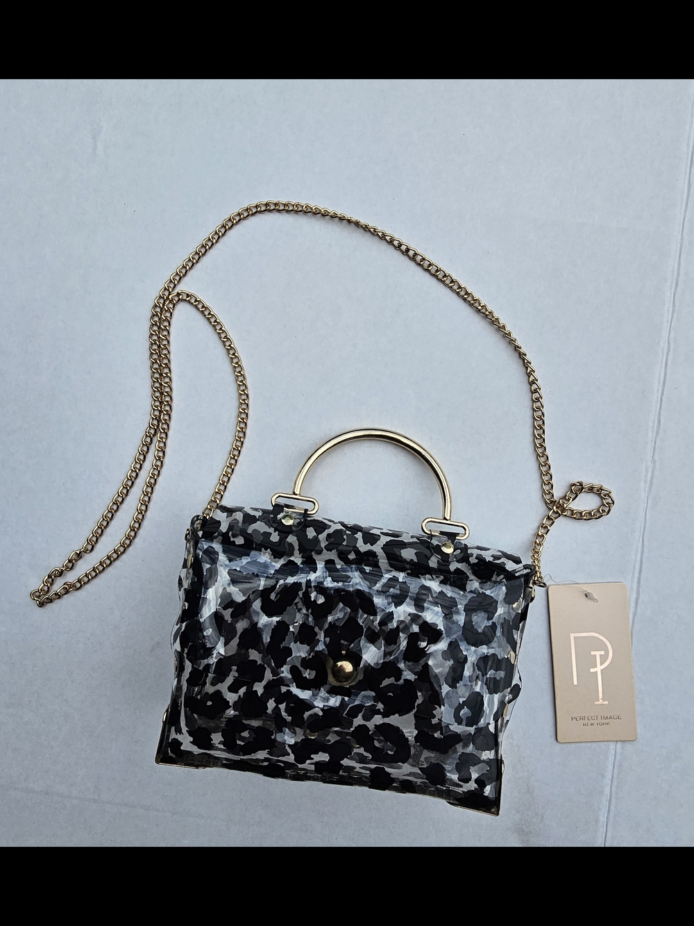 Clear Leopard Print Crossbody Bag with Gold Chain - Black/Cream